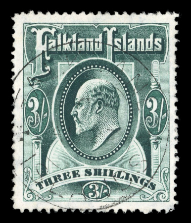 Stamp of Falkland Islands 1904-12 3s green showing "flying triangle" plate flaw