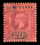 Stamp of Gold Coast 1913-21 20s purple and black on red showing a doubling of the right hand side of the stamp, used