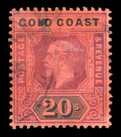 Stamp of Gold Coast 1913-21 20s purple and black on red showing a doubling of the right hand side of the stamp, used