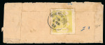 Stamp of Indian States » Bundi » The Sacred Cows Issues (1914-1941) (SG 18-78) 1914-41, 4a yellow-green, rouletted in colour, type B single neatly tied by clear crisp cds dated 7 Decembe 1933, on reverse of native cover sent with in Bundi, cvr with minor faults, a fine and a very rare commercial u