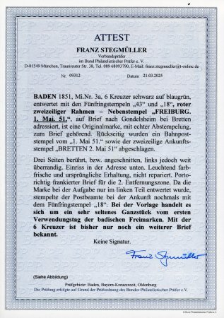1851, 6 Kr blue-green first day letter.