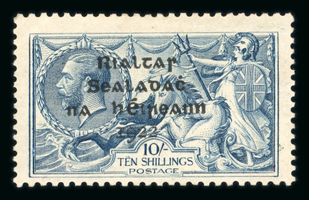 Stamp of Ireland » 1922 (Feb) Dollard Overprints (T1-T14) 10s grey-blue, mint showing plate flaw on the basic Seahorse stamp with strokes over TEN variety (Row 2, Stamp 4), fresh and very fine, a scarce error (Hib. T14c, €475), signed in pencil "Df" David Feldman