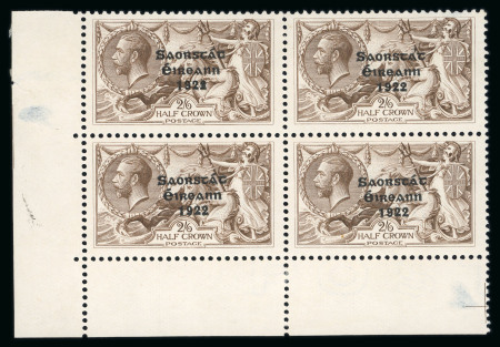 Stamp of Ireland » 1927-28 Wide Date Overprints (T72-T74) 2s6d chocolate, mint and mint nh bottom left corner sheet marginal block of four, top right stamp showing "circumflex accent" variety (Row 9, Stamp 2), fresh, very fine and a scarce block with the error (Hib. T72a, €455+
