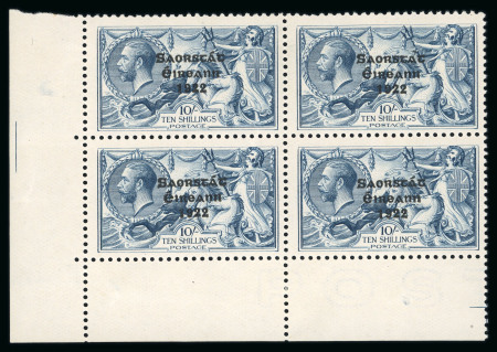 Stamp of Ireland » 1927-28 Wide Date Overprints (T72-T74) 10s dull grey-blue, from the broken S plate, mint and mint nh bottom left corner sheet marginal block of four, top right stamp showing "circumflex accent" variety (Row 9, Stamp 2), top left stamp gum thin, fresh, very fi