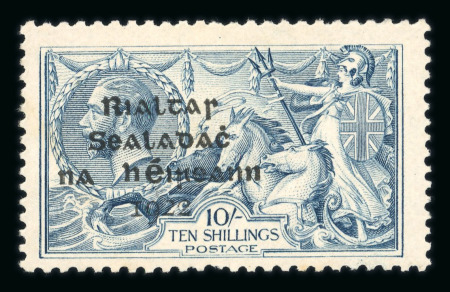 Stamp of Ireland » 1922 (Feb) Dollard Overprints (T1-T14) 10s grey-blue, mint showing overprint displaced to the left covering the King's portrait variety, few short perfs., fresh and very fine, a scarce error (Hib. T14e, €450)