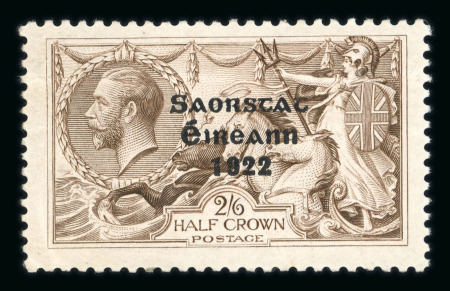 Stamp of Ireland » 1927-28 Wide Date Overprints (T72-T74) 2s6d dull grey-brown, mint showing final stage of the missing accent overprint variety (Row 9, Stamp 2), gum crease, fresh and very fine, a scarce error (Hib. T72a, €450)