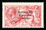 Stamp of Ireland » 1925 Narrow Date Overprints (T66-T68) 5s rose-red, mint showing plate flaw on the basic Seahorse stamp with inverted T variety (Row 2, Stamp 1), fresh and very fine, a scarce error (Hib. T67a, €675)