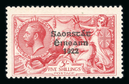 Stamp of Ireland » 1925 Narrow Date Overprints (T66-T68) 5s rose-red, mint showing plate flaw on the basic Seahorse stamp with inverted T variety (Row 2, Stamp 1), fresh and very fine, a scarce error (Hib. T67a, €675)