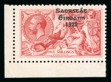 Stamp of Ireland » 1925 Narrow Date Overprints (T66-T68) 5s rose-red, mint bottom left corner sheet marginal single, showing overprint displaced in top margin, fresh and very fine, a scarce error (Hib. T67f, €200), only 20 examples of such error recorded