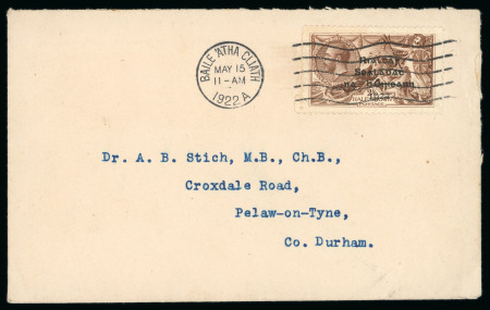 Stamp of Ireland » 1922 (Feb) Dollard Overprints (T1-T14) 2s6d chocolate brown, single franking on cover from Dublin to County Durham, tied by wavy-line cancel with BAILE ATHA CLIATH/MAY.15.1922 cds alongside, very fine and scarce