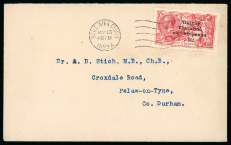 Stamp of Ireland » 1922 (Feb) Dollard Overprints (T1-T14) 5s rose red, single franking on cover from Dublin to County Durham, tied by wavy-line cancel with BAILE ATHA CLIATH/MAY.13.1922 cds alongside, very fine and scarce