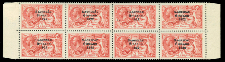 Stamp of Ireland » 1922-23 Thom Three-Line Overprints (T47-T61) 5s carmine-red, mint horizontal marginal block of eight consisting of two complete rows from the sheet, showing two overprint varieties, including reversed accent from (Row 7, Stamp 4) and missing accent from (Row 8, Sta