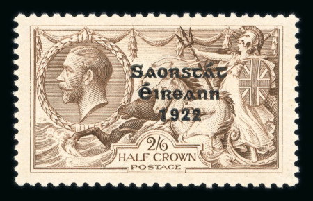 Stamp of Ireland » 1927-28 Wide Date Overprints (T72-T74) 2s6d grey-brown, two mint or mint nh singles, showing one with perfect R and the other with broken R, fresh & very fine (2)