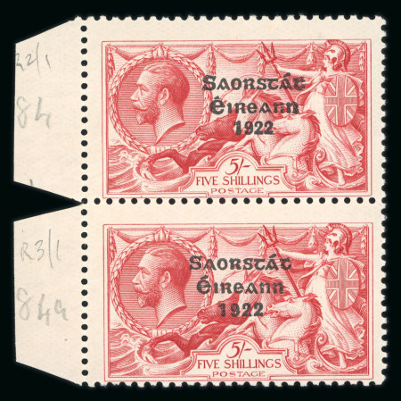 Stamp of Ireland » 1927 Composite Dates Overprints (T69-T71) 5s rose-red, mint and mint nh, left sheet marginal vertical composite pair, norrow setting showing inverted T plate flaw (Row 2, Stamp 1), fresh, very fine and a scarce pair (Hib. €600)