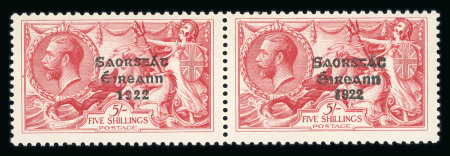 Stamp of Ireland » 1927 Composite Dates Overprints (T69-T71) 5s rose-red, mint and mint nh, left sheet marginal vertical composite pair, left stamp showing inner frame notch plate flaw (Row 3, Stamp 3), plus right stamp with typical needle-eye accent on A, fresh, very fine and a s
