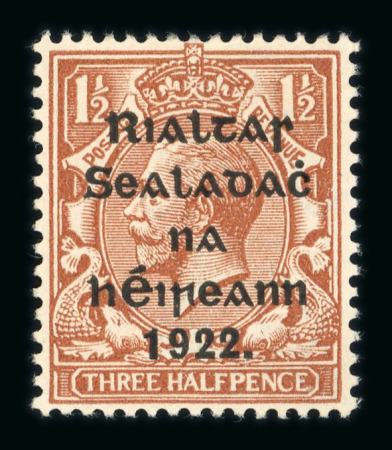 Stamp of Ireland » 1922 (Feb) Thom Overprints (T15-T19) 1 1/2d red-brown, mint single showing plate error on basic stamp PENCF corrected, fine and scarce (Hib. T15b, €750)