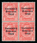 Stamp of Ireland » 1922-23 Thom Three-Line Overprints (T47-T61) 1d red, mint and mint nh block of four, bottom left stamp nh showing QNE reversed Q plate error (Row 15, Stamp 10), fresh, very fine and scarce (Hib. T48a, €450+)