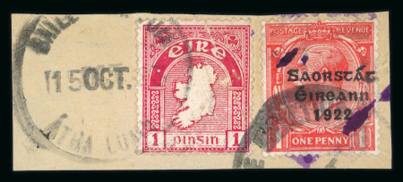 Stamp of Ireland » 1922-23 Thom Three-Line Overprints (T47-T61) 1d red, used single tied on fragment in combination with Map 1d by skeleton cds, the overprinted stamp shows overprint error Accent and AT inserted (Row 15, Stamp 12), very fine and rare usage (Hib. T48a, €450+). Provena