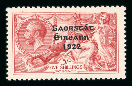 Stamp of Ireland » 1922-23 Thom Three-Line Overprints (T47-T61) 5s rose red, beautifully well-centred mint single from Plate 1, showing variety "S" over "E" (Row 9, Stamp 2), very fine and scarce in this quality 