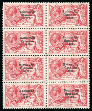 Stamp of Ireland » 1925 Narrow Date Overprints (T66-T68) 5s rose-red, spectacular mint and mint nh vertical block of eight, showing array of overprint errors including broken A, broken T and needle-eye accent, some gum soaks, attractive and rare showpiece multiple