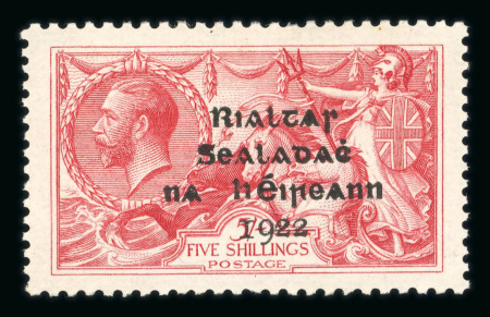Stamp of Ireland » 1922 (Feb) Dollard Overprints (T1-T14) 5s rose-red, two mint singles, showing short third line (22 mm) and filled and blotted letters from a dirty plate, fresh and fine