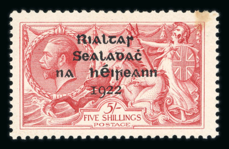 Stamp of Ireland » 1922 (Jul-Nov) Thom Overprints (T25-T41) 5s rose-red, mint single, showing R over Se, tone spot, fresh, very fine and scarce (Hib. €660)