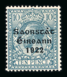Stamp of Ireland » 1922-23 Thom Three-Line Overprints (T47-T61) 10d turquoise, mint single, showing broken frameline plate variety on basic stamp (Row 9, Stamp 1), thins, a scarce error, cert. Hamilton-Bowen (1993)