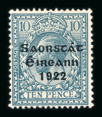 Stamp of Ireland » 1922-23 Thom Three-Line Overprints (T47-T61) 10d turquoise, mint single, showing broken frameline plate variety on basic stamp (Row 9, Stamp 1), thins, a scarce error, cert. Hamilton-Bowen (1993)