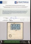 Stamp of Italian States » Sicily » 2 Grana, Plate II » Covers Sicily 1859 2 Gr. plate II, light blue (azzurro chiaro), two horizontal strips of four (position 57 showing retouch) on a large part entire from Messina