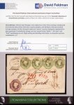 Stamp of Great Britain » 1847-54 Embossed 1856 (Apr 25) Registered cover to New York bearing 1s embossed in horizontal strip of four with clear to good margins and 6d mauve with close to large margins, tied Liverpool registered spoon cancels