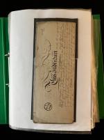 Stamp of Ireland » Revenues & Fiscals » Embossed Stamp Duty 1793-1890 General Duty: Old-time attractive collection of 34 fragments or documents, all mounted on album pages and housed in green binder, some being knowledgeable written up in pencil, with Schonfeld reference numbers