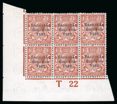 Stamp of Ireland » 1922-23 Thom Three-Line Overprints (T47-T61) 1 1/2d red-brown, mint nh bottom left corner sheet