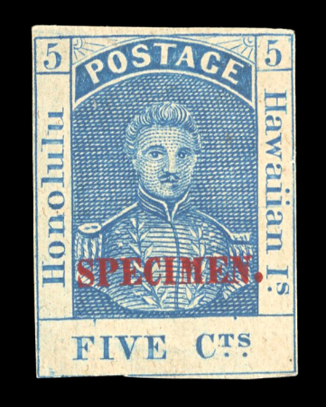 Stamp of United States » U.S. Possessions » Hawaii 1868, King Kamehemeha II, 5c blue, overprinted "SPECIMEN." in red.
