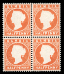 Stamp of Gambia 1880-81 CC 1/2 orange, three mint blocks of four, two