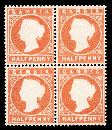 Stamp of Gambia 1880-81 CC 1/2 orange, three mint blocks of four, two