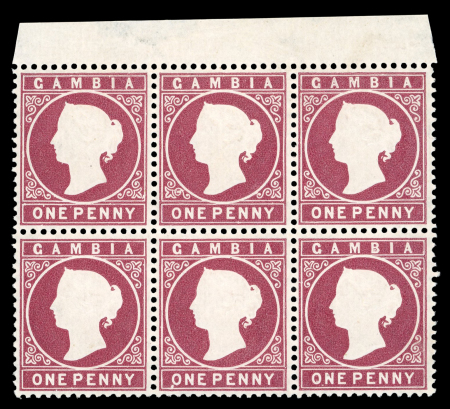 Stamp of Gambia 1880-81 CC 1d maroon, mint top sheet marginal block
