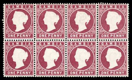 Stamp of Gambia 1880-81 CC 1d maroon, mint block of eight, one showing