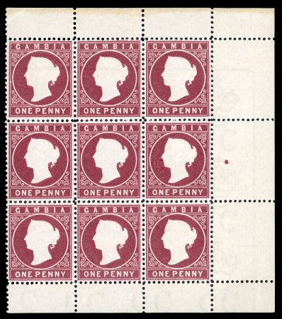 Stamp of Gambia 1880-81 CC 1d maroon, mint nh part sheetlet of nine,