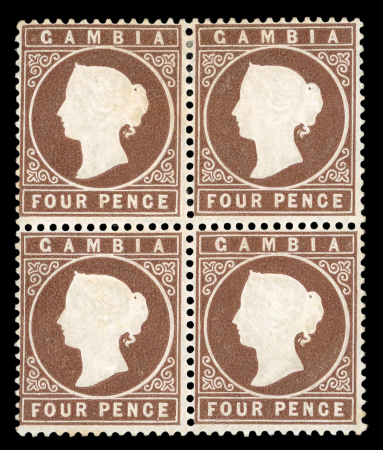 Stamp of Gambia 1880-81 CC 4d pale brown, mint and mint nh block of