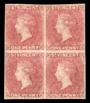 Stamp of St. Vincent 1861 No wmk 1d rose-red, mint imperforate block of