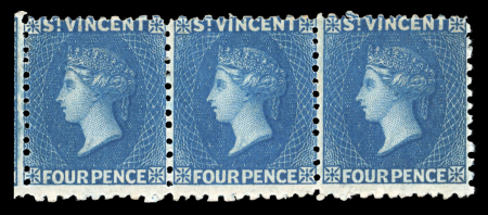 Stamp of St. Vincent 1862-68 No wmk 4d deep blue, mint horizontal strip