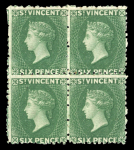 Stamp of St. Vincent 1862-68 No wmk 6d deep green, mint and mint nh block