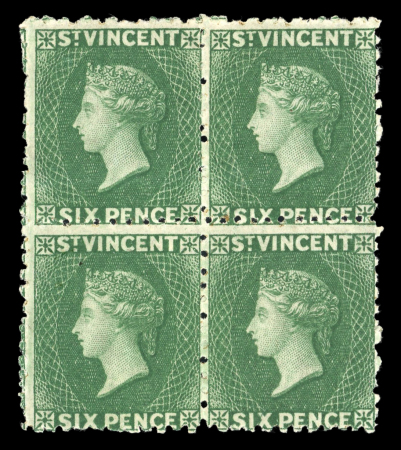 Stamp of St. Vincent 1862-68 No wmk 6d deep green, mint and mint nh block