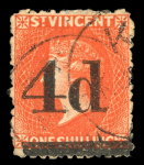 Stamp of St. Vincent 1881 Local Surcharge 4d on 1s bright vermilion, used,