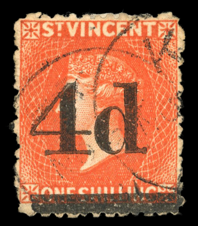 Stamp of St. Vincent 1881 Local Surcharge 4d on 1s bright vermilion, used,