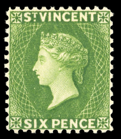 Stamp of St. Vincent 1883-84 Wmk CA 6d bright green, mint single, very fresh