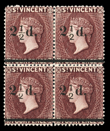 Stamp of St. Vincent 1890 Surcharged 2 1/2d on 4d chocolate, mint block