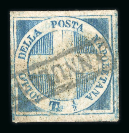 Stamp of Italian States » Naples ½ tornese blue 'Savoy Cross', position no. 48 of the De Angelis-Pecchi classification. Cancelled with partial boxed black '.ANNULLATO'