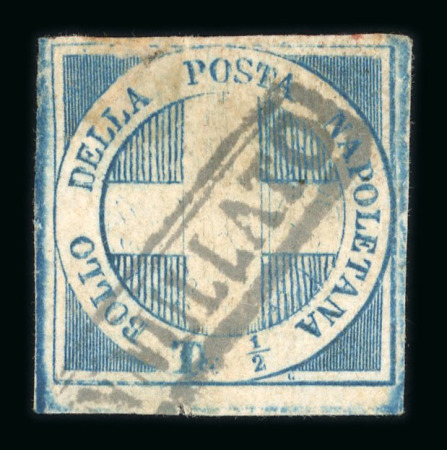 Stamp of Italian States » Naples ½ tornese blue 'Savoy Cross', position no. 57 of the De Angelis-Pecchi classification. Cancelled with partial boxed black 'ANNULLATO