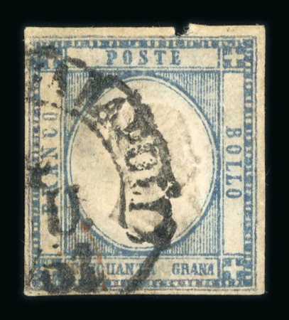 Stamp of Italian States » Naples Neapolitan Provinces 50 grana ultramarine slate used. Cancelled with partial small circular postmark of Naples in black
